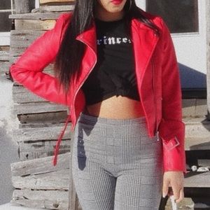 Red faux leather biker jacket